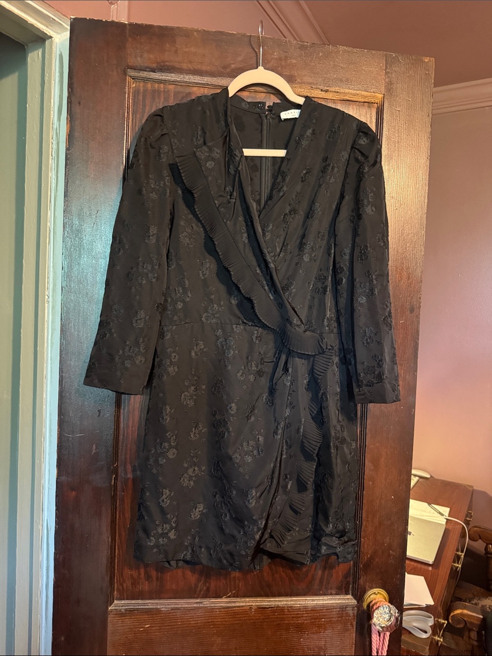 Sandro Black Floral Satin Wrap Mini Dress